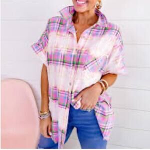 White Birch Womens Plaid Short Sleeve‎ Frayed Tunic Top Size Medium Colorful